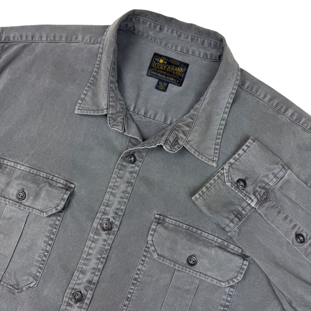 Lucky Brand Saturday Stretch Shirt Mens XL Button‎ Front Gray Long Sleeve READ